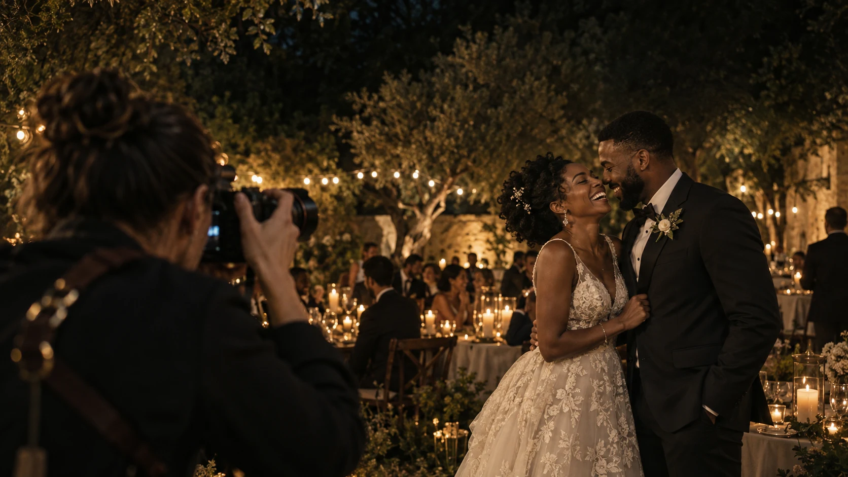 A photographer capturing a couple laughing together at their wedding